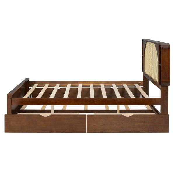 English Elm Queen Size Rattan Headboard Bed With Trundle, Drawers & Elegant Walnut Finish For Versatile Style N820S00013D-GIGA