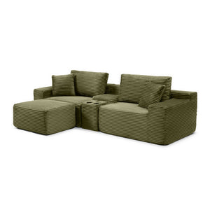 English Elm Modular Cloud Sectional Sofa with Corduroy Deep Seating Usb Ports and Storage Ottoman Green W1117S00361