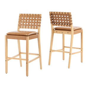 English Elm Christopher Knight Home® - Rieti PU Leather Barstools Set of 2 — Natural Rubberwood Frame, Geometric Crossback, Riveted Accents N775P271408B