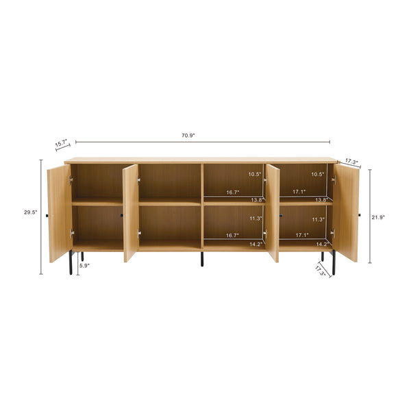 English Elm Magnolia 71" Sideboard Light Oak — Slatted Design, Soft-Close Doors, 8 Cubbies, Black Metal Legs B365S00107