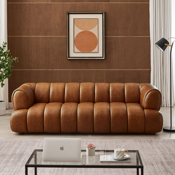English Elm Ashcroft Furniture - Jasmin Cognac 89.7" Upholstered Sofa – Genuine Leather, Solid Wood Mid-Century Modern Luxury Value B183P231931