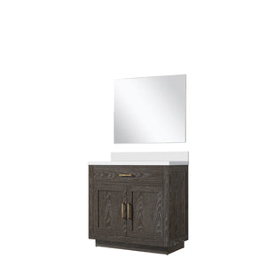 English Elm Brown Oak Single Bath Vanity Set With White Quartz Countertop & 34-Inch Frameless Mirror Included B2731S01396