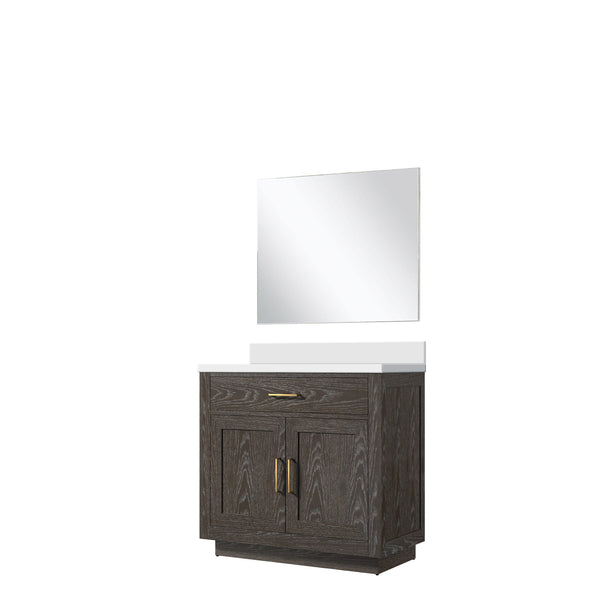 English Elm Brown Oak Single Bath Vanity Set With White Quartz Countertop & 34-Inch Frameless Mirror Included B2731S01396