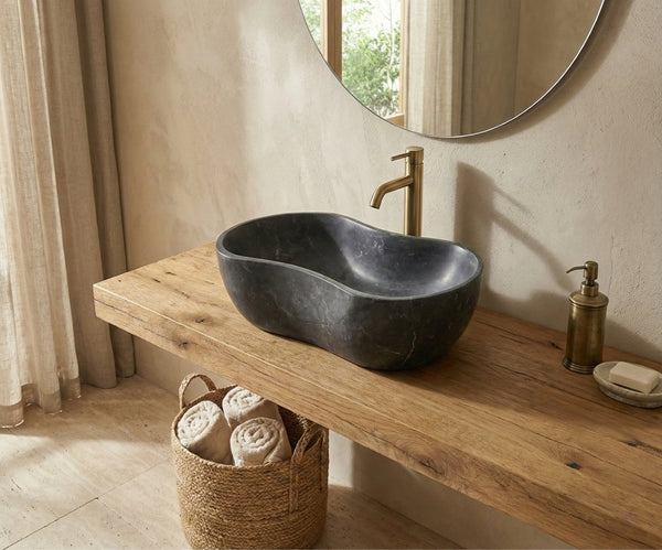 English Elm Luxury Solid Marble Vessel Sink Wavy Organic Stone Basin Matte Honed Vanity Bowl W1696P408021