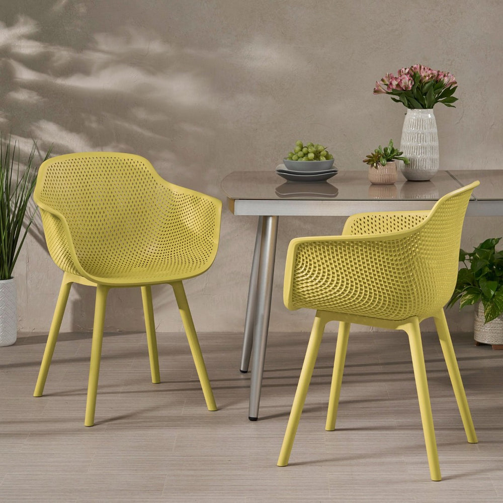 English Elm Lotus Outdoor Dining Chairs Set of 2 with Diamond Perforated Weather Resistant Design Yellow N776P417868Y