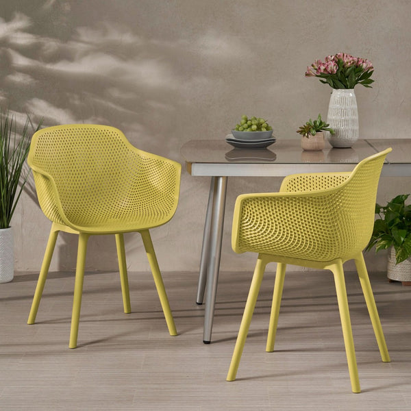 English Elm Lotus Outdoor Dining Chairs Set of 2 with Diamond Perforated Weather Resistant Design Yellow N776P417868Y