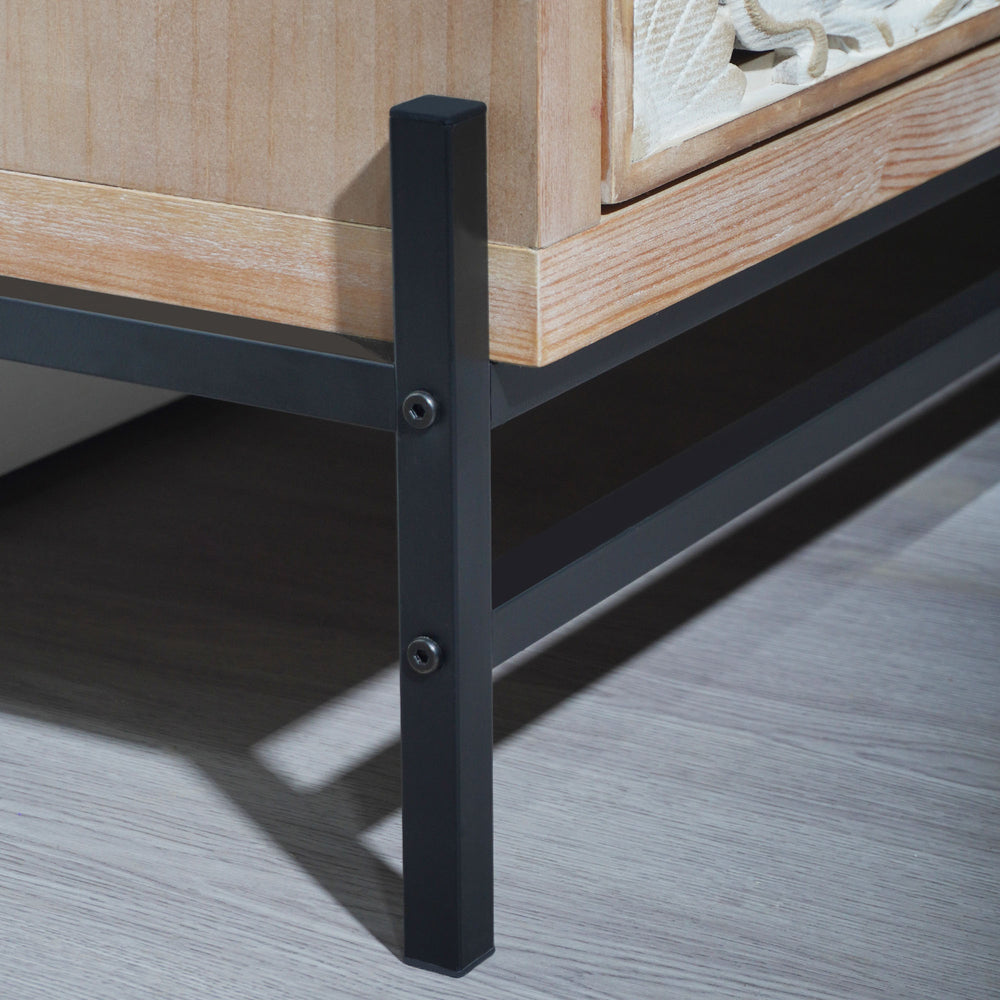 English Elm 4 Vintage Carved Wood 4-Door Cabinet with Metal Base — Hand-Carved Floral Doors, Rustic Modern Storage W2729P239173