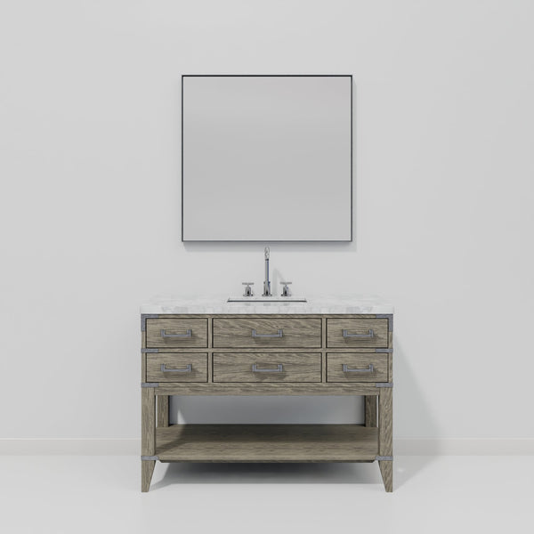 English Elm Grey Oak Single Bath Vanity with Carrara Marble Top, Chrome Faucet & 46" Mirror — 48"x22" elegance B2731S02111