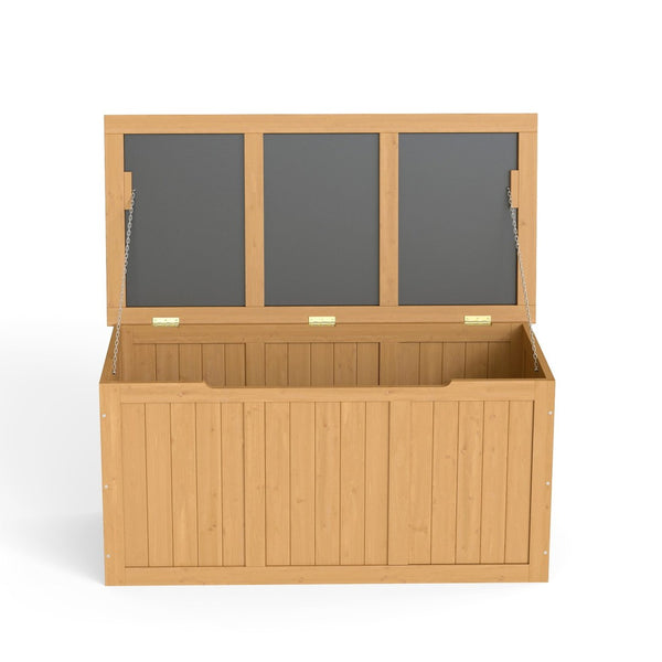 English Elm 67 Gallon Solid Wood Outdoor Deck Box with Hinged Lid Doubles as Patio Bench Seat W2640P327217