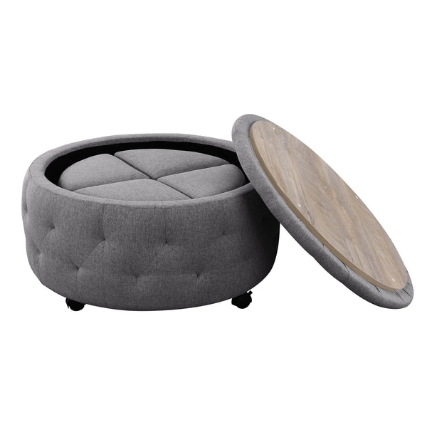 English Elm Round Rolling Storage Ottoman with Reversible Tray Top and 4 Nesting Seats, Durable Hardwood Build Dark Gray B347P339823