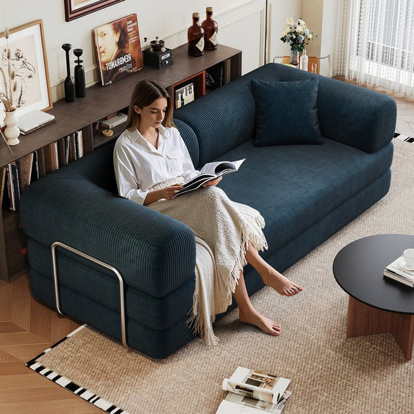 English Elm 78.8" Compression Sofa Convertible Floor Bed with Corduroy Fabric, No-Assembly Modular Futon, Supportive Backrest and Armrests Blue W2824P373438