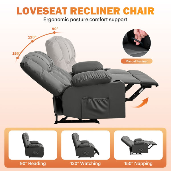 English Elm Recliner Loveseat with Massage Heat Pu Leather Dual Seating and Usb Charging Ports Grey W1521S00081