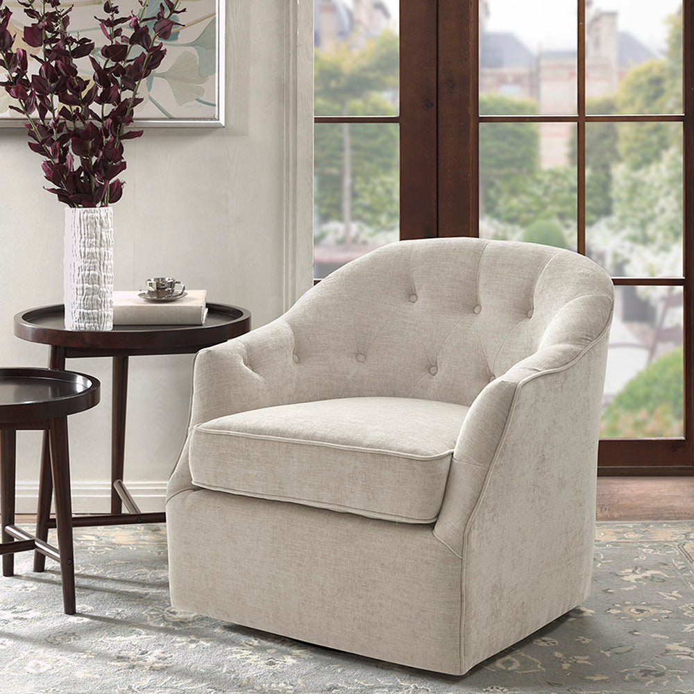 JLA Home Madison Park - Swivel tufted lounge chair with 360° metal base, plush high-density foam, solid wood frame, neutral fabric MP103-1072