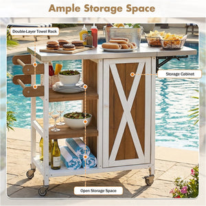 English Elm Foldable Outdoor Kitchen Cart with Stainless Worktop Fir Wood Frame and Lockable Wheels Brown+White N719P380281Z