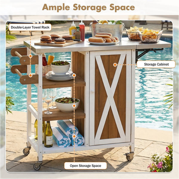 English Elm Foldable Outdoor Kitchen Cart with Stainless Worktop Fir Wood Frame and Lockable Wheels Brown+White N719P380281Z