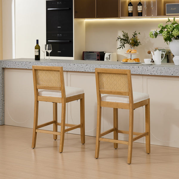 English Elm Full Solid Wood Rattan-Back Bar Stools Set Of 2 - Stylish Beige Cushions For Rustic Kitchen & Café W1143P384367