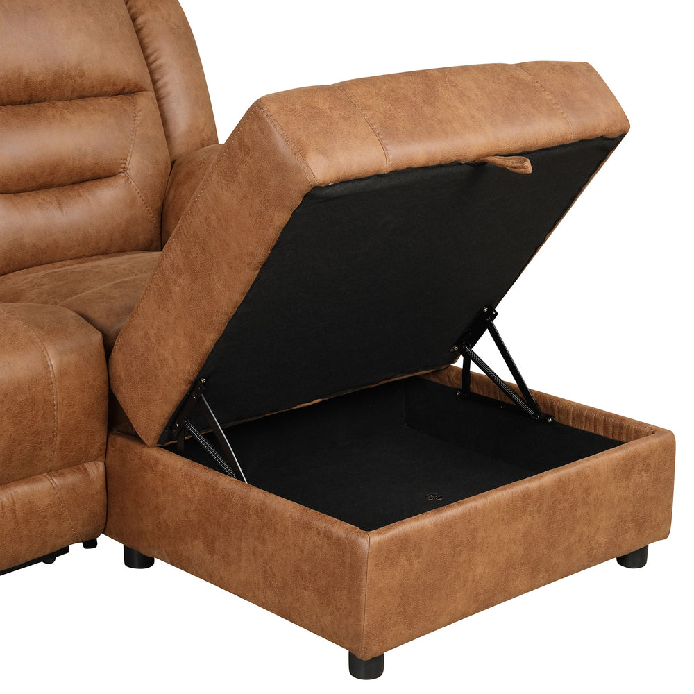 English Elm Contemporary Saddle Brown Leatherette 2pc Sectional Sofa with Console, Chaise Storage, 2 Recliners, Adjustable Backrest B2741S00322