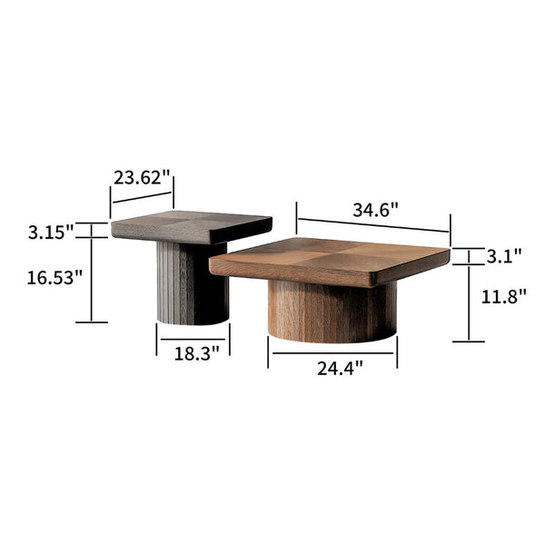 English Elm Modern Parquet Wood Nesting Coffee Tables Sculptural Fluted Pedestal Living Room Set Black + Dark Walnut W1435S00032