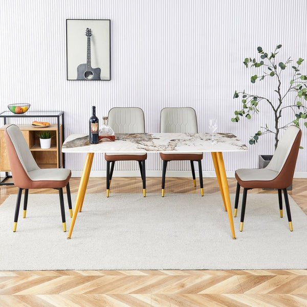 English Elm Table Modern Minimalist Dining Set With White Imitation Marble Top & 4 Pu Upholstered Chairs W1151S01678-GIGA