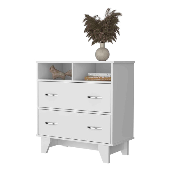 English Elm Portobelo modern two-drawer dresser with open shelves, sturdy top & four legs for stylish storage and display White 36 L x 21 W x 4 H B128S00111