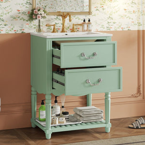English Elm 24'' Vintage Bathroom Vanity with Ceramic Sink Soft Close Drawers Open Shelf Green N710P411237F