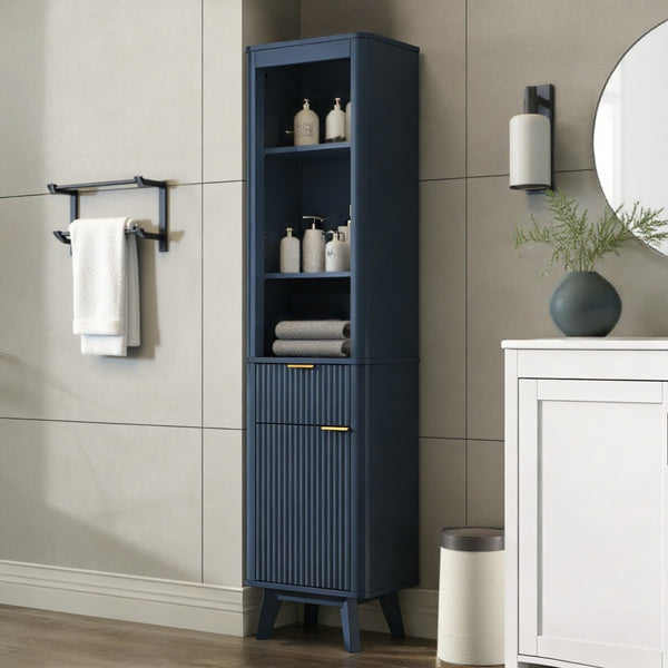 English Elm 68" Tall Fluted Freestanding Storage Cabinet with Drawer and Adjustable Shelf for Bathroom Blue N817P375218B