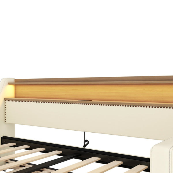 English Elm Twin Size Daybed With Trundle, Led Lighting & Charging Station For Stylish Sleepovers In White W1580S00024-GIGA