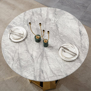 English Elm 47" Round Marble Dining Table - High Gloss Faux Marble Top & Gold Stainless Steel Base For Chic Spaces W3456S00037