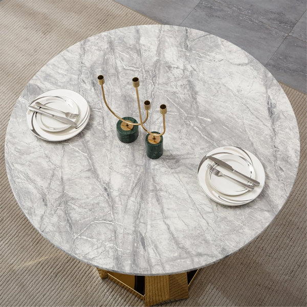 English Elm 47" Round Marble Dining Table - High Gloss Faux Marble Top & Gold Stainless Steel Base For Chic Spaces W3456S00037