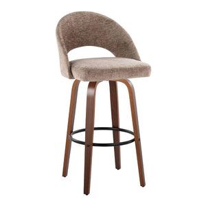 English Elm Fixed-height Mid-century Barstools with Walnut Legs and Grey Upholstered Seats Set B202S01931