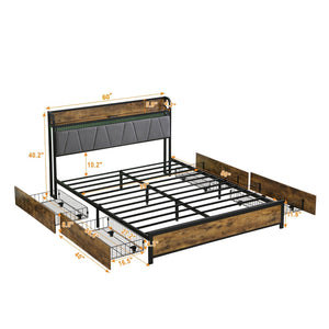 English Elm Queen Platform Bed with Led Headboard Charging Station and Four Under Storage Drawers W311P187978