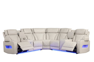 English Elm Jazz Quilted Leather 117" Power Reclining Sectional Sofa with Bluetooth Speakers, LED, USB-C Ports B061S00925