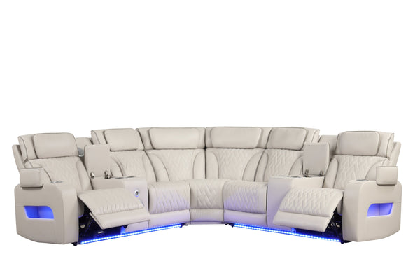 English Elm Jazz Quilted Leather 117" Power Reclining Sectional Sofa with Bluetooth Speakers, LED, USB-C Ports B061S00925