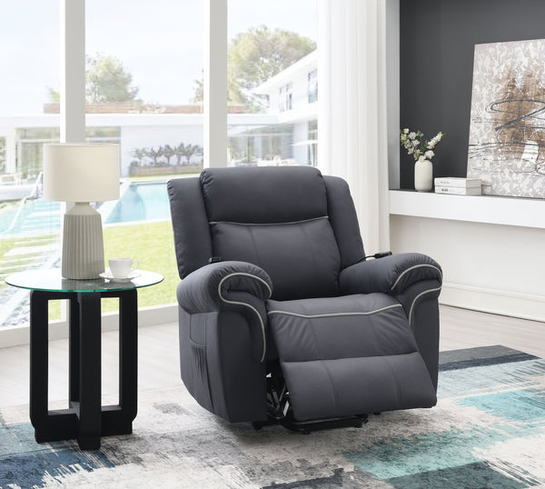 English Elm Domana Dark Blue Polished Microfiber Power Recliner with Lift, Heat & Massage — Luxury Supportive Comfort B2726P242436