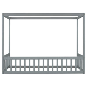 English Elm Twin Canopy Floor Bed Frame With Guardrails - Modern Grey Design For Safe, Imaginative Sleep Spaces W504P143277-GIGA