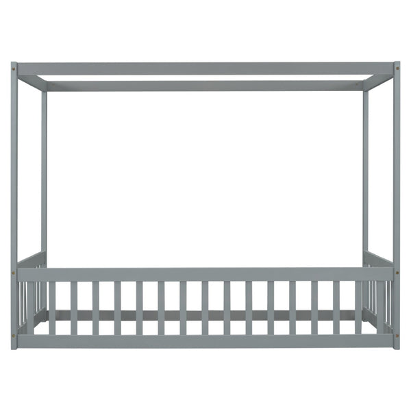 English Elm Twin Canopy Floor Bed Frame With Guardrails - Modern Grey Design For Safe, Imaginative Sleep Spaces W504P143277-GIGA