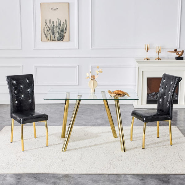 English Elm 51-inch Tempered Glass Rectangular Dining Table Electroplated Metal Base Open Plan Gold W3875S00003