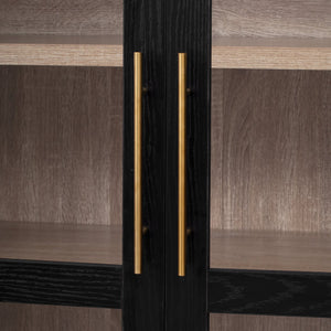 English Elm K&K Arched 71" Kitchen Pantry Cabinet with Glass Doors, Brass Handles, Adjustable Shelves & Drawer Black N707P288969B