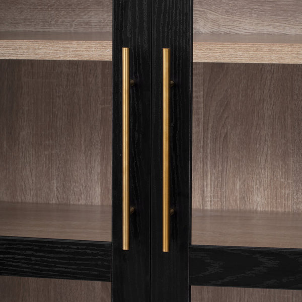 English Elm K&K Arched 71" Kitchen Pantry Cabinet with Glass Doors, Brass Handles, Adjustable Shelves & Drawer Black N707P288969B