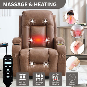 English Elm Beige Pu Leather Power Lift Recliner with Massage Lumbar Heat and Usb Charging Brown W1803S00083