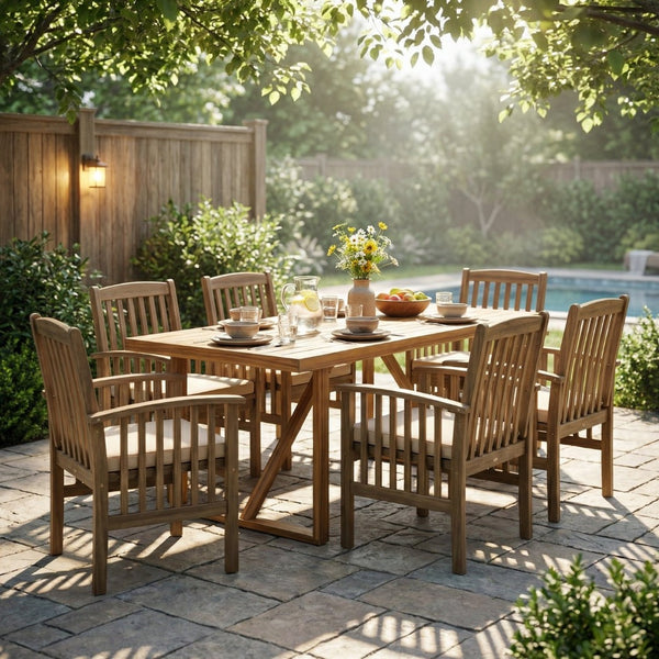 English Elm 7 Piece Solid Acacia Wood Outdoor Dining Set Six Chairs Slatted Table Patio Ready Grey,Teak N762S000037AAK