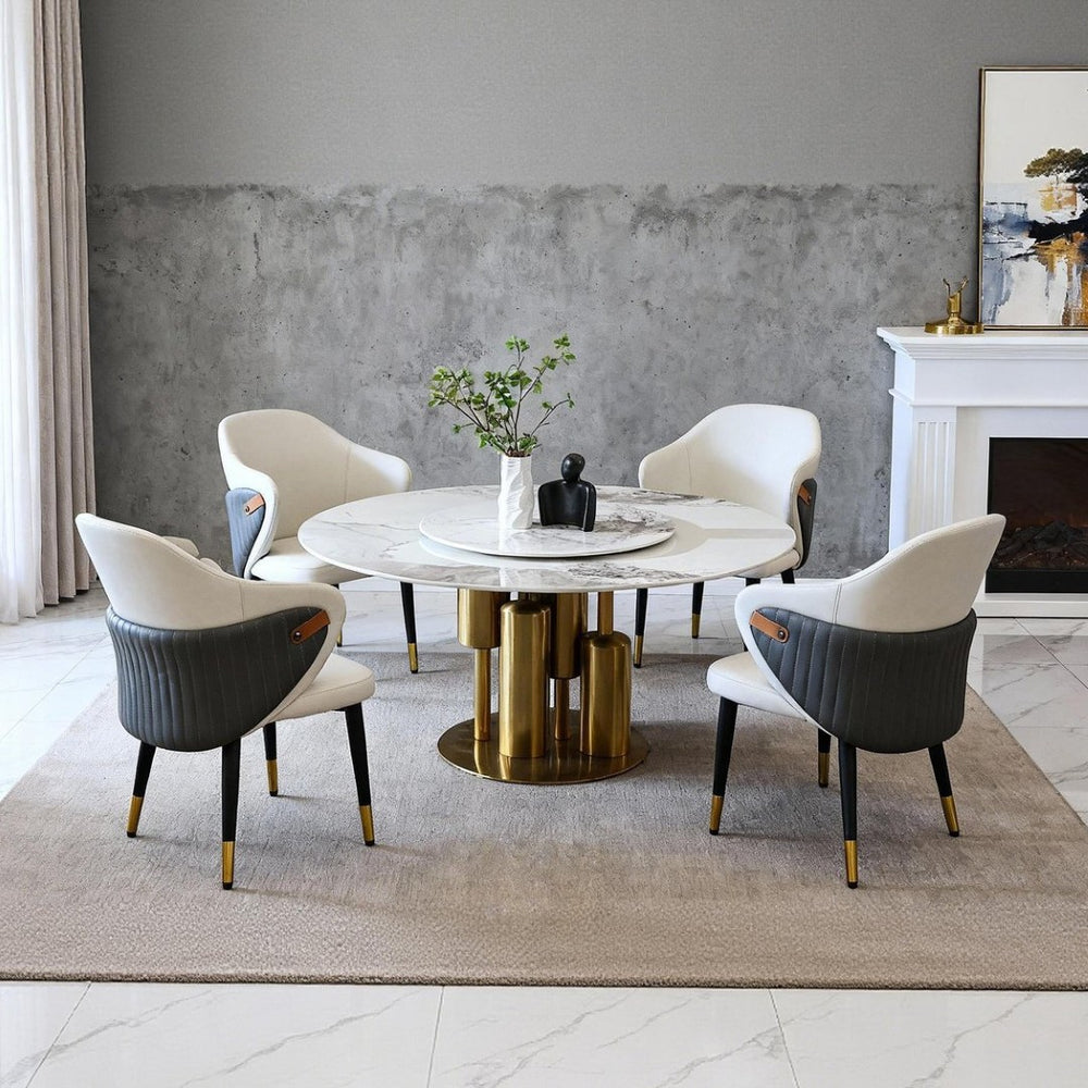 English Elm 59" Round Sintered Stone Dining Table Built-in Lazy Susan Seats Four Modern W2699S00094