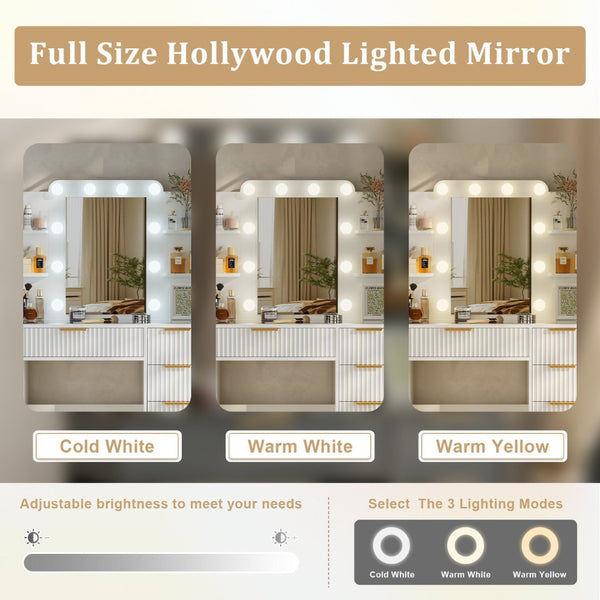 English Elm Vanity Desk Set with Led Mirror Charging Station Five Drawers and Cushioned Stool White T3773P416291