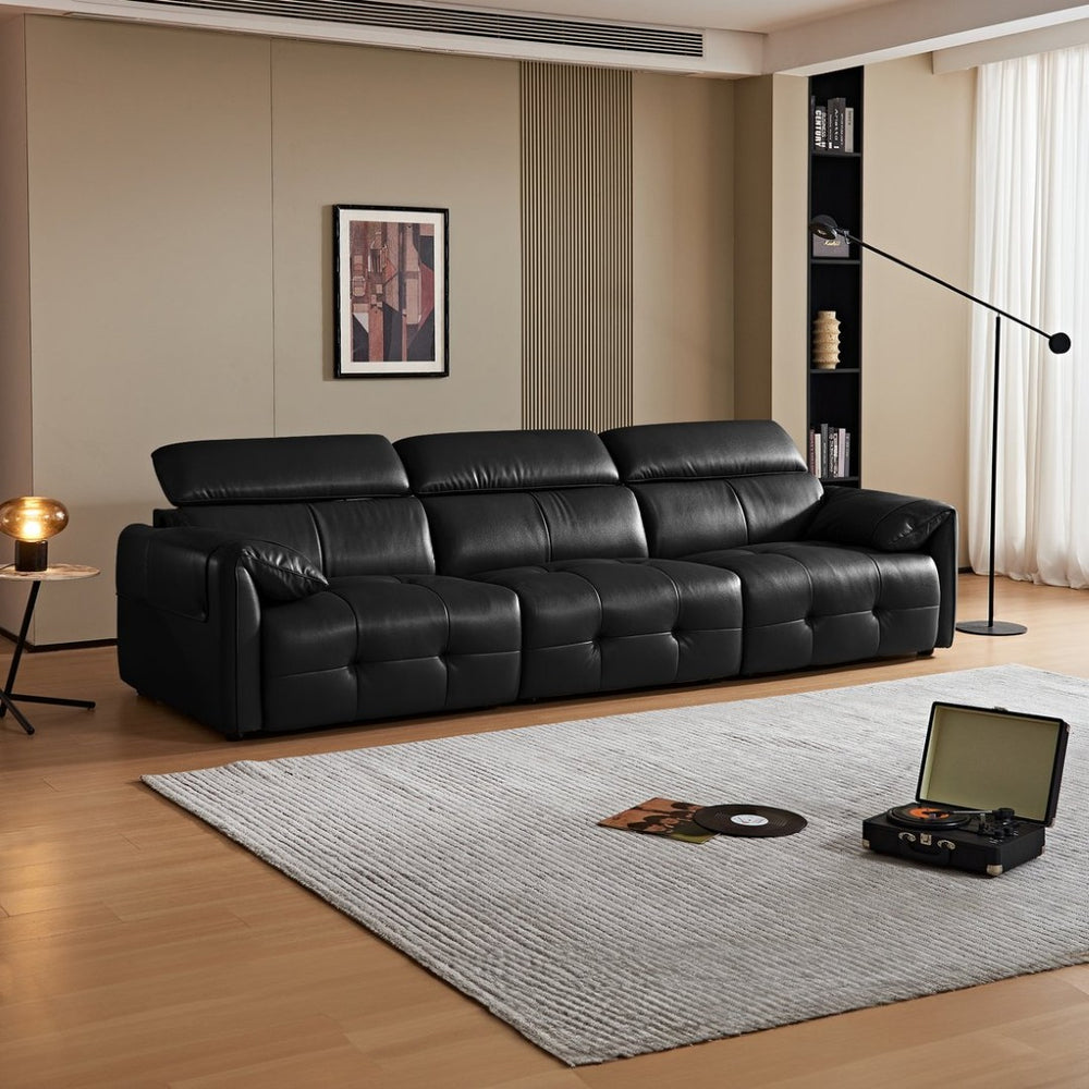 English Elm Genuine Top-grain Leather Three-seat Sofa with Reclining Backrests and Center Storage W1765S00130