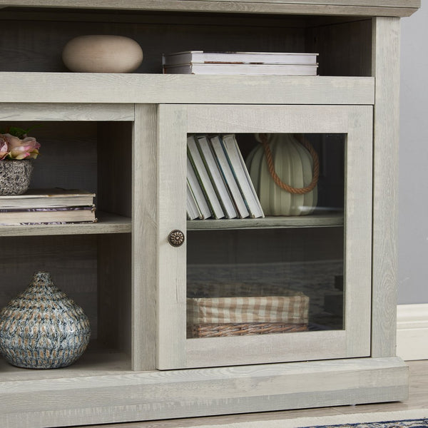 English Elm Contemporary Stone Gray TV Stand 60" Modern Entertainment Console for TVs up to 65" with Glass Cabinets and Adjustable Shelves W2275P389702