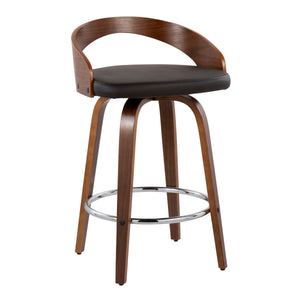 English Elm Grotto Mid-Century Counter Stool with Swivel, Cherry Wood Frame and Faux Leather Seat, Set of 2 Brown B202S00066