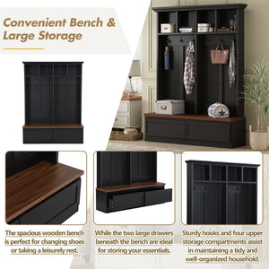 English Elm Rattan Door Hall Tree Bench with 6 Hooks Farmhouse Entryway Storage Black + Dark Walnut N721S000076B