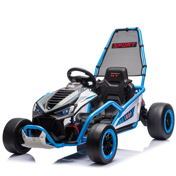 English Elm 24v Dual Motor Kids Go Kart with Drift Mode Roll Cage and Rear Suspension Ages 6 to 12 Blue W1578P454056