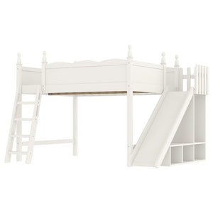 English Elm Queen Solid Pine Loft Bed with Wardrobe Shelves Detachable Slide and Dual Sleeping Zones Beige W5305S00028