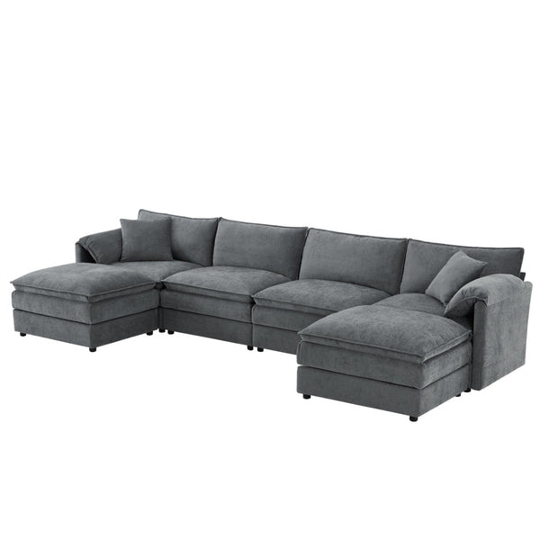 English Elm [video]136" Chenille U-shaped Sectional Six Seat Cloud Sofa with Movable Ottomans Dark Gray N723S1687B